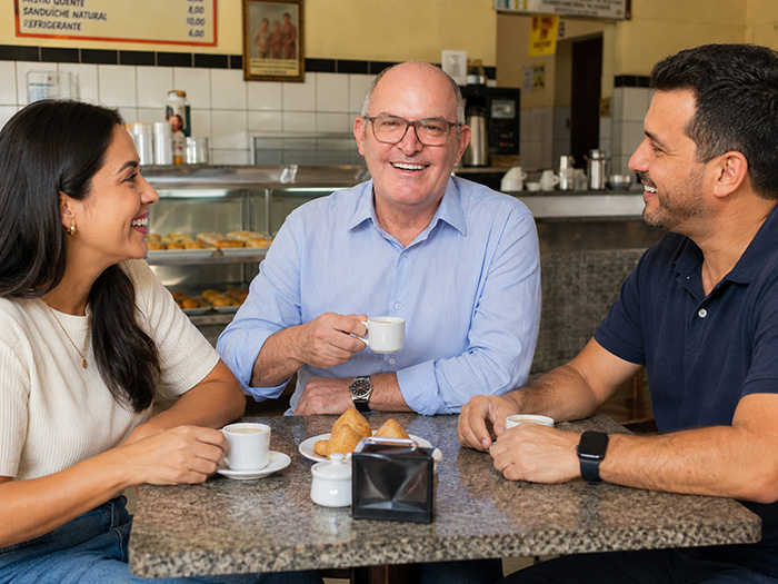 Beto Guimarães conversando com moradores em um café da região